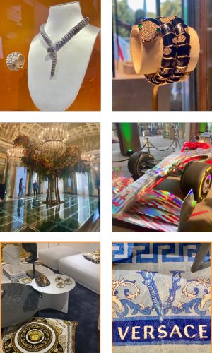 6 frames showing the different things I saw on a night out in Milan. Top 2 pictures are Bulgari jewelry, middle pictures are displays from Bulgari and Heineken race car and the bottom 2 pictures are of Versace home show