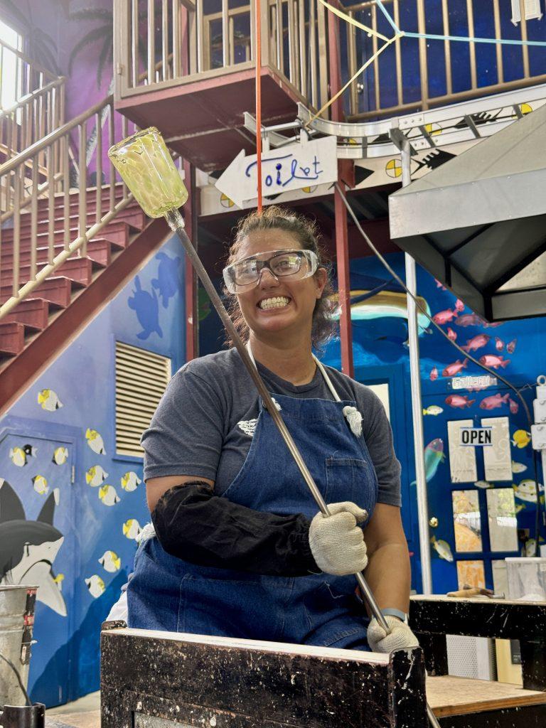 Michelle, learning new skills at a glass blowing class in Palau
