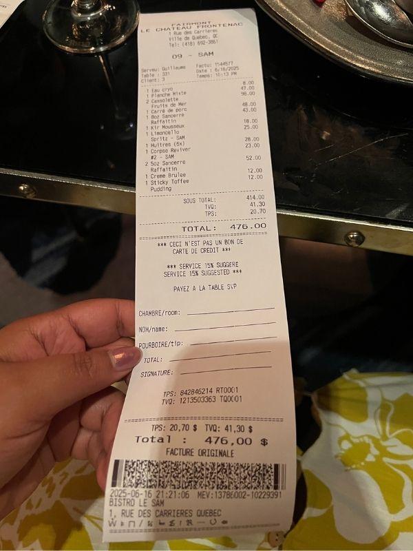 Bistro Le Sam dinner receipt at Fairmont Le Château Frontenac showing $476 CAD total for three guests